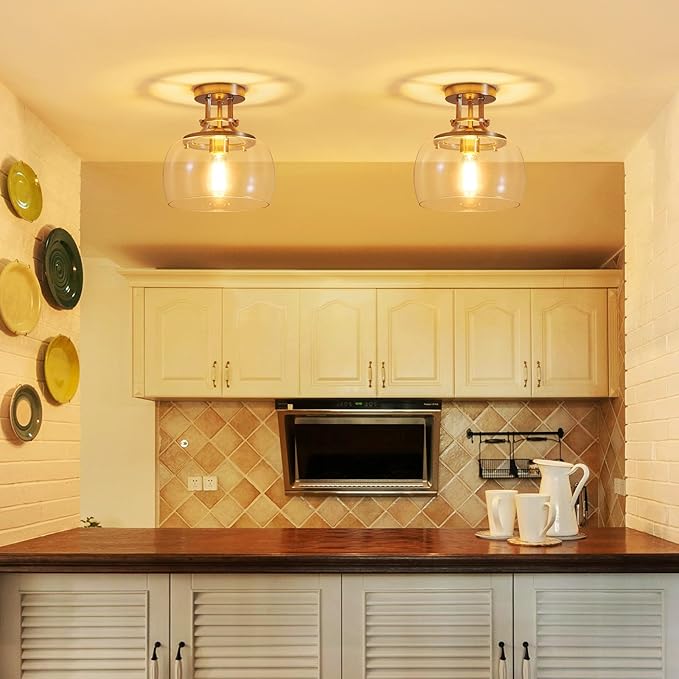 WUZUPS Chandelier Rustic Farmhouse Industrial Round Semi-flushmount Ceiling LED Light Fixture with Clear Glass Shades for Bathroom Kitchen Foyer Entryway, H 10" x W 10", E26 Base, Brushed Nickel