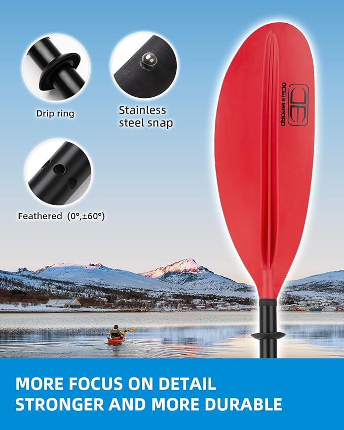 OCEANBROAD Kayak Paddle 86in/218cm, 90.5in/230cm, 95in/241cm Alloy Shaft Kayaking Boating Canoeing Oar with Paddle Leash