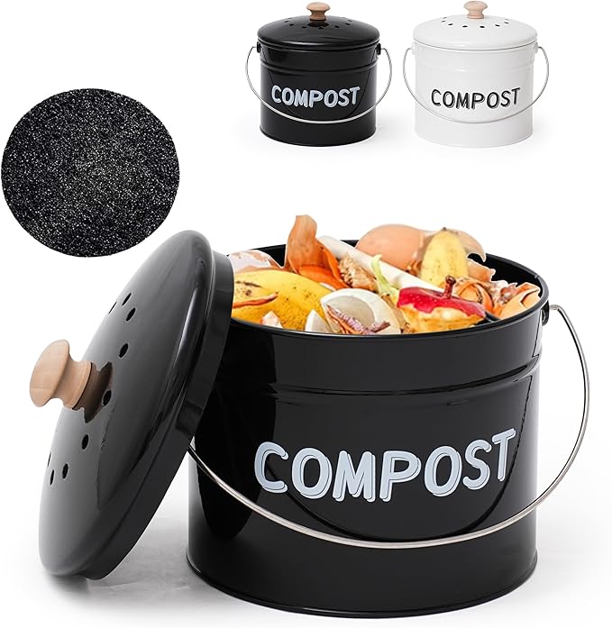 Compost Bin for Kitchen Counter, 1 Gallon Compost Bucket with Lid and Charcoal Filter, Countertop Composter, Rust Proof Indoor Food Waste Bin, Black