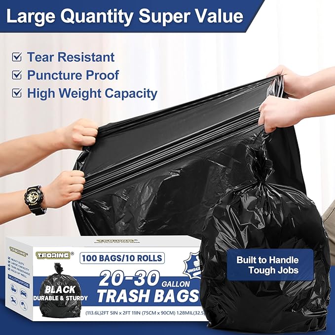 20-30 Gallon Trash Bags Black - 1.28 Mil Thick,30" x 35" Large Garbage Bags 100 Count，20+ Gallon Heavy Duty Trash Can Liners Unscented for Kitchen Home Office Commercial Outdoor