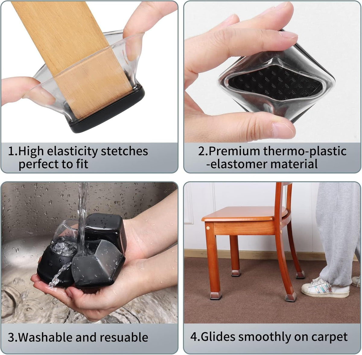 Ezprotekt 8 Pcs Large Clear Chair Leg Sliders for Carpet, Square Teflon Furniture Glides Pads Caps for Rug, Bar Stool Leg Protectors Covers for Table, Chair, Sofa Legs (XL Fit: 1.5" - 2")