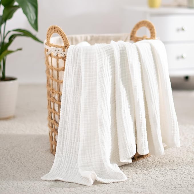 Carriediosa 100% Cotton Muslin Throw Blanket 70" X 80" Twin Size，4-Layers Summer Gauze Throws for Bed Couch，Soft Lightweight Breathable Linen Blankets Bedspread for Adults All Season，White