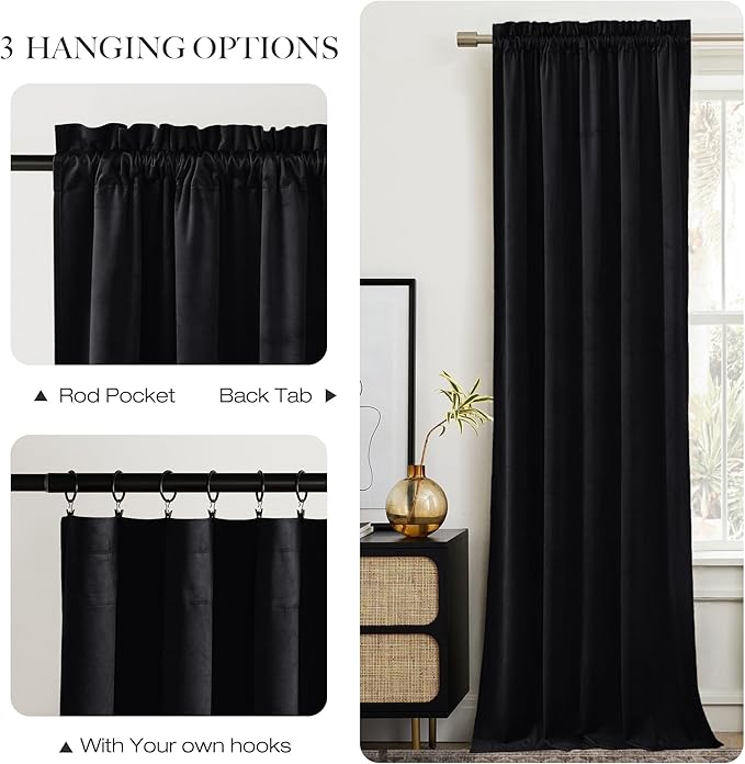 NICETOWN Black Velvet Curtains 90 inches Long 2 Panels Set, Thermal Insulated