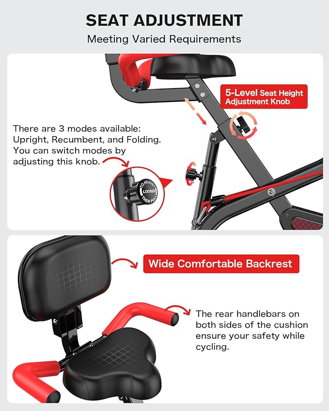 pooboo Folding Exercise Bike, Foldable Upright Stationary Bike, Indoor Cycling Magnetic X-Bike with 8-Level Adjustable Resistance, 6.6 LBS Flywheel, 300LB Capacity, Bottle Holder & Back Support Cushion for Home Gym