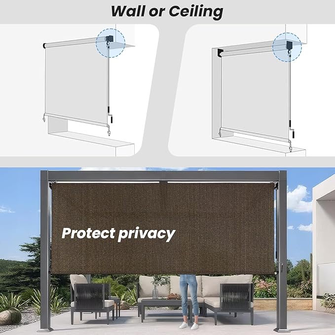 8'W x 6'H Mocha Patio Shades Roll up Outdoor Roller Shade Crank Wand Blind