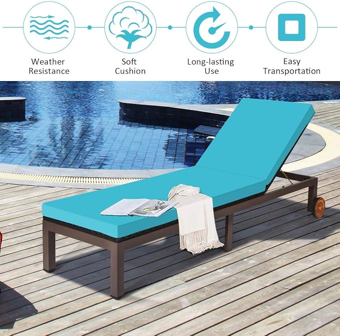 Tangkula Patio Chaise Lounge Chair, Outdoor Rattan Lounger Recliner Chair with Wheels, Wicker Chaise Chair W/Cushioned Seating, Recliner 5-Position Adjustable for Garden Patio Poolside (2, Turquoise)