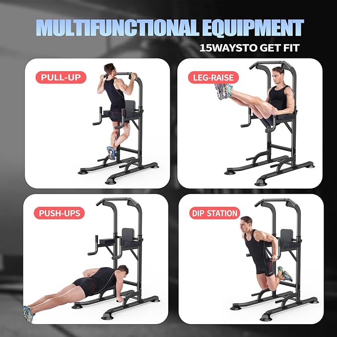 Power Tower Adjustable Height Pull Up & Dip Station Multi-Function Home Strength Training Fitness Workout Station for Home Gym