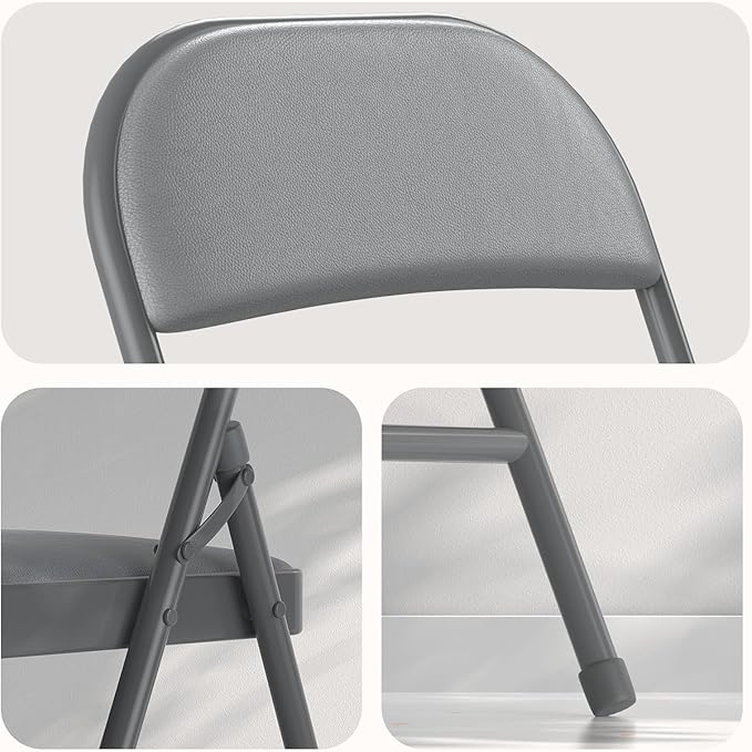 Nazhura 4 Pack Folding Chairs with Padded Vinyl Cushion Chairs with Comfortable Cushion and Durable Steel Frame for Home and Office, for Indoor and Outdoor Events (Grey Vinyl Padding 4 Pack)