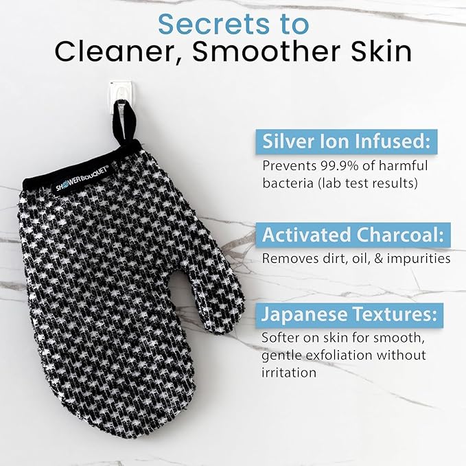 Japanese Exfoliating Mitt 2-Pack - Charcoal & Silver Ion Exfoliating Gloves for Shower - Soft Inner Fabric Gentle Exfoliation & Deep Cleansing Body Scrub Gloves for All Skin Types - 1 White, 1 Blue