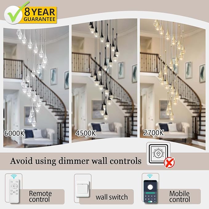 H86 Pendant Lights Kitchen Island 6-Lights Pendant Chandelier for Dining Room Hallway Stairwell,Silver Chandelier Suit for Sloping Ceiling LED Dimmable 2700K-6000K