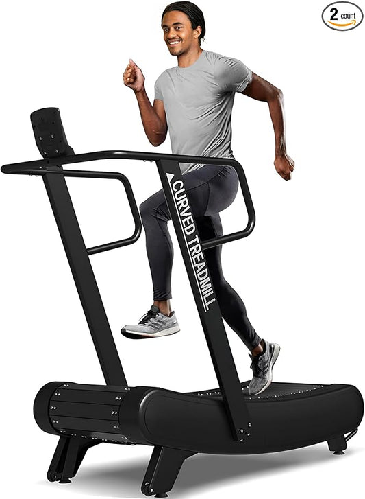 Mikolo Curved Manual Treadmill, Non Electric Treadmill with 8 Resistance Levels, LCD Digital Monitor Shock Absorption, Multi-Grip Adjustable Handrails, Non-Slip Belt
