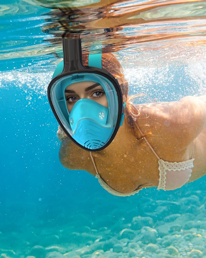 QingSong Full Face Snorkel Mask for Adults, Snorkeling Gear with Camera Mount, 180 Degree Panoramic View Snorkel Set Anti-Fog Anti-Leak