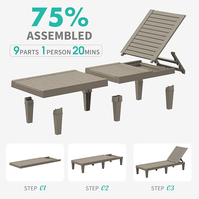 Outdoor Lounge Chair Set of 2, 5-Positions Adjustable Patio Chaise Lounges, Waterproof Tanning Chairs for Poolside, Backyard, Scratch-Resistant & Easy to Clean (Grey Striped, Set of 2)