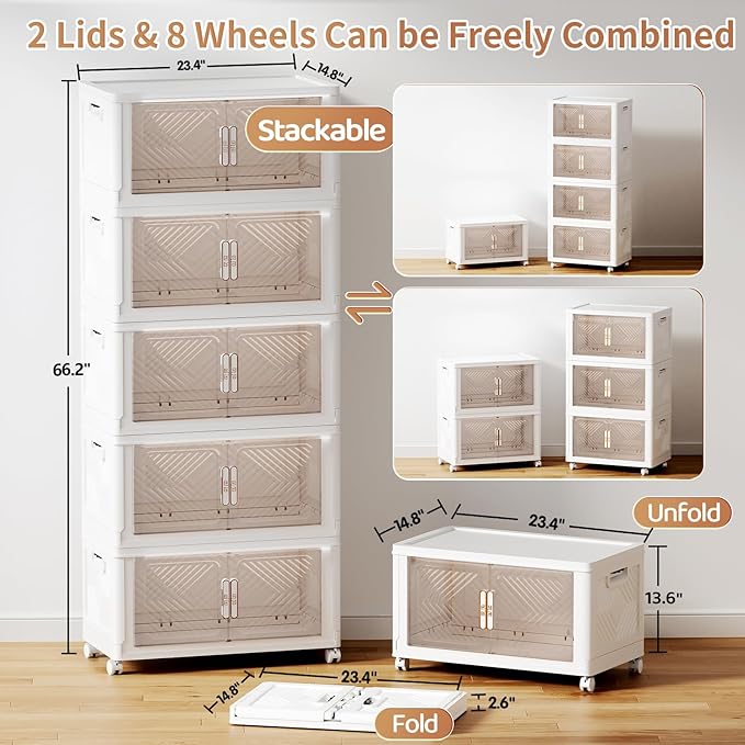 Storage Bins with Lid 76QT, Stackable Storage Containers with Wheels and Magnetic Doors, Plastic Clothes Closet Organizers and Storage Box for Pantry, Home and Office (5 Pack)