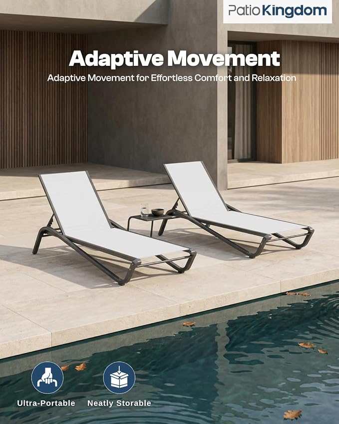 3-Piece Patio Chaise Lounge Set with Side Table, Set of 2 Adjustable Pool Chairs and Aluminum Bistro Table, All-Weather Outdoor Furniture for Pool Deck, Patio & Tanning, White