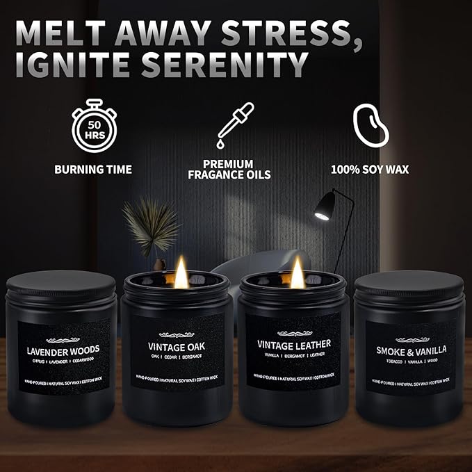 Scented Candle Set, Men Candle Set, Scented Candles for Home, Gifts for Men, 28 oz 200 Hour Burn Time,4 Pack Manly Gifts Soy Candles of Cedar Oakmoss/Pine&Clove/Patchouli/Sandal Wood