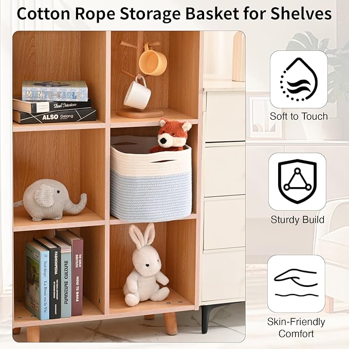 Woven Cotton Rope Storage Basket for Organizing, Cute Decorative Baskets for Gifts Empty, Organizer Bins for Dog Toy, Baby Laundry, 15“×11”×9.5“, Off White & Blue