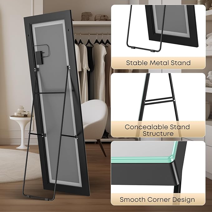 Kosmonia 67x24 Frameless Full Length Mirror, Dimmable 3 Color LED Light