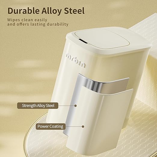 MRBIN Motion Sensor Bathroom Metal Trash Can with Lid and Wheels, 10L/2.6gal Automatic Removable Slim Electric Narrow Waste Basket for Near Desk Office, Bedroom, Kitchen, Rv, White