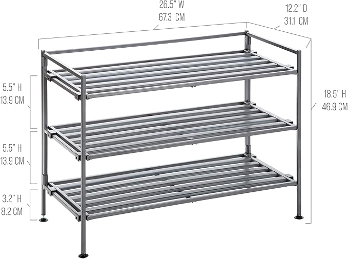 Seville Classics Sturdy Freestanding Storage Shelf for Bedroom, Closet, Entryway, Dorm Room Organizer Stackable Durable Metal Shoe Rack Ash Gray Slat, 3-Tier