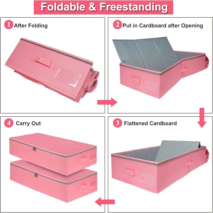 punemi Under Bed Storage Containers, Pink Underbed Storage With Rigid Side/Bottom Support, Closet Organizers And Storage Bins, Blankets Clothes Comforters Storage Bag, Dorm Room Essentials For Girls