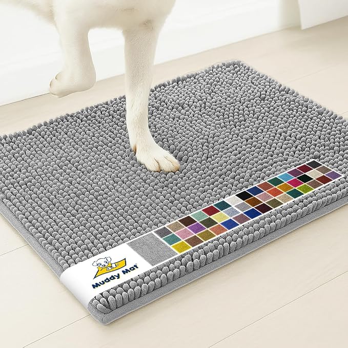 Muddy Mat® | Super Water Absorbent Door Mat Indoor, Microfiber Quick Dry Chenille Entryway Rug, Slip Resistant Front Door Mat, Indoor Mats for Entryway, Machine Washable Pet Rug, Light Grey 36" x 46"
