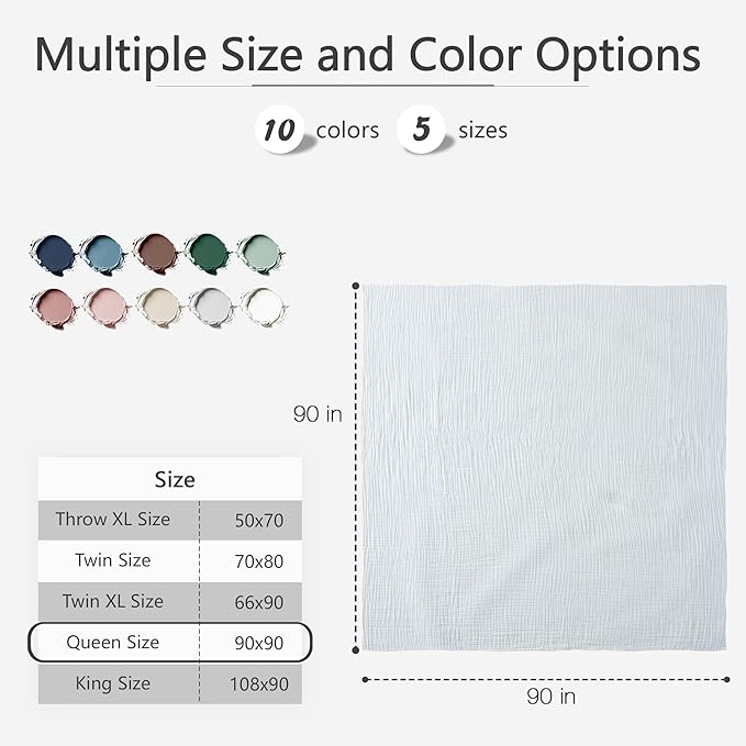 Carriediosa 100% Cotton Muslin Throw Blanket 90" X 90" Queen Size，4-Layers Summer Gauze Throws for Bed Couch，Soft Lightweight Breathable Linen Blankets Bedspread for Adults All Season，White