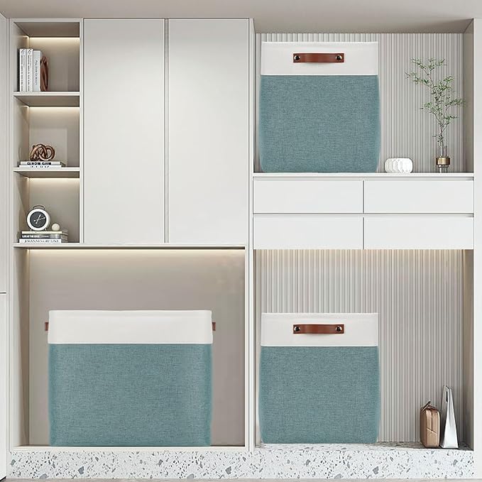 DULLEMELO Large Rectangular Baskets for Blankets 51L Canvas Storage Baskets for Organizing 3 Pack Collapsible Baskets Bins for Organizing Home Office with Handles (White&Deep Green)