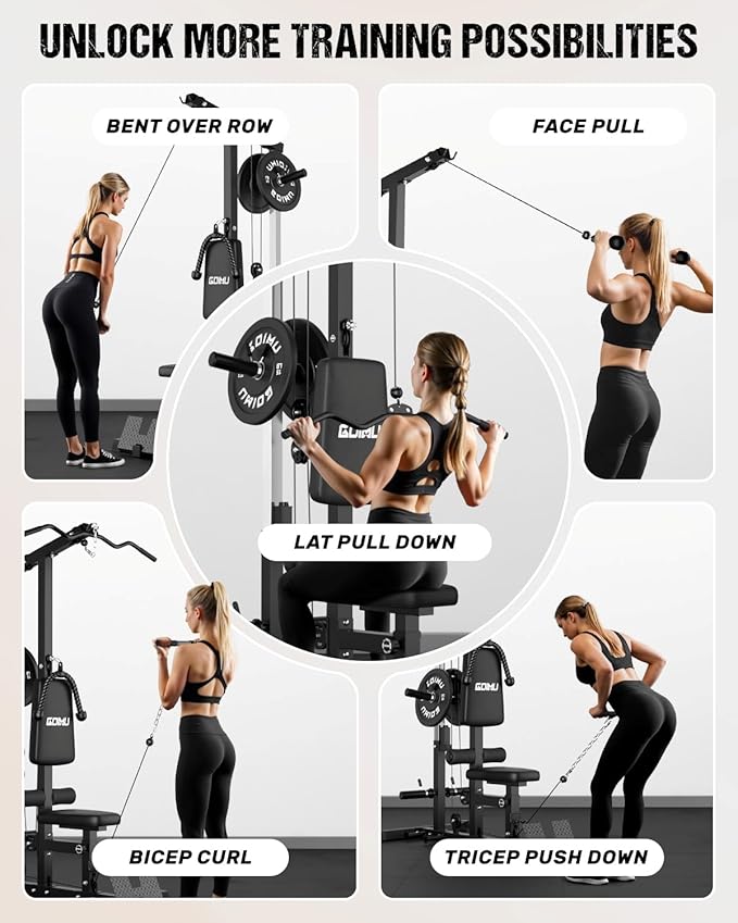 LS01 LAT Pulldown Machine, LAT Row Cable Machine with AB Crunch, LAT Tower with Cable Row Attachments, 3 in 1 Pulley Stations for Home Gym