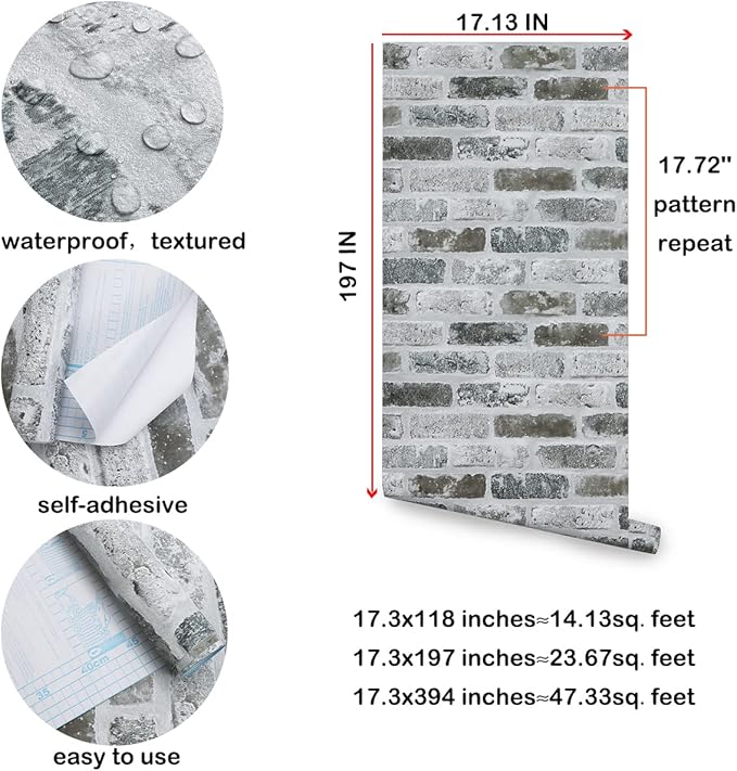 Guvana 17.3"×197" Brick Peel and Stick Wallpaper Grey Brick Contact Paper Self