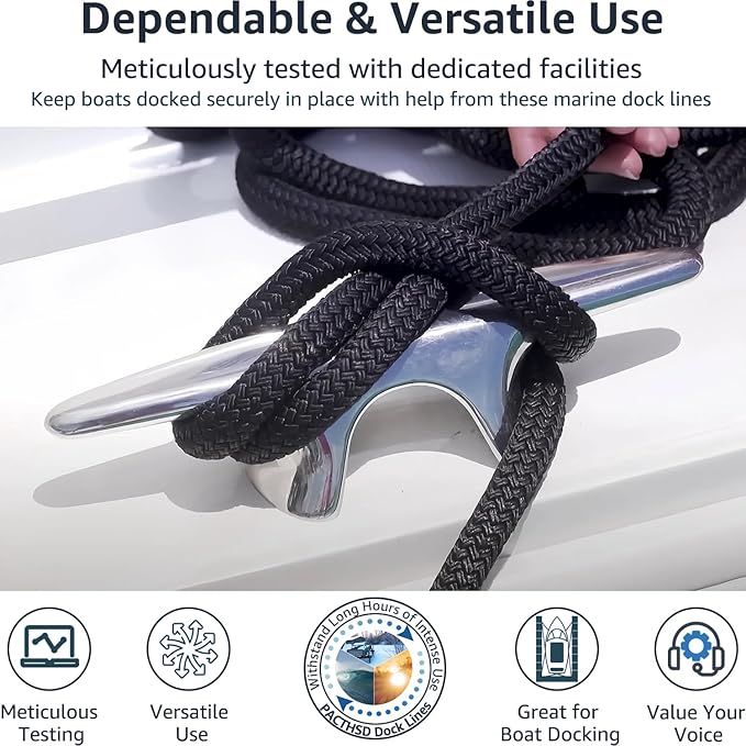 2 Pack 1/2" x 30' Dock Lines - Marine Grade Nylon Boat Rope with 12" Loop for Docking and Mooring - Double Braided Boat Lines, High Strength, Easy Handling, Fray Resistant - Black