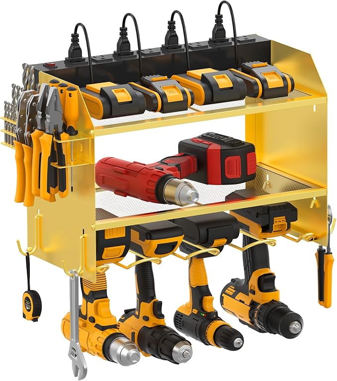 CCCEI Modular Power Tool Organizer Wall Mount with Charging Station. Garage 4 Drill Storage Shelf with Hooks, Drill Bit Heavy Duty Rack, Gold Tool Battery Holder Built in 8 Outlet Power Strip.
