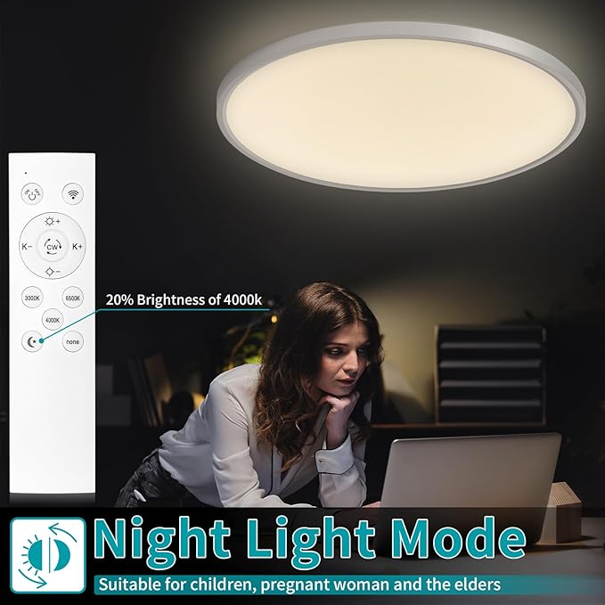 24 Inch Round Led Ceiling Light Fixture, Ultra Thin Flush Mount, Dimmable with Remote Control, 56W, 5600 Lumen, Modern, Silver, for Kitchen, Dining Room, Bedroom, Living Room, Home Office