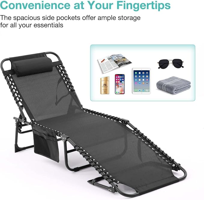 Tanning Chairs for Outside, Chaise Outdoor Lounge Chair, Folding Pool Chairs & Patio Lounger for Beach Camping Hiking Backyard Sunbathing Poolside, Portable (Black Set of 2)