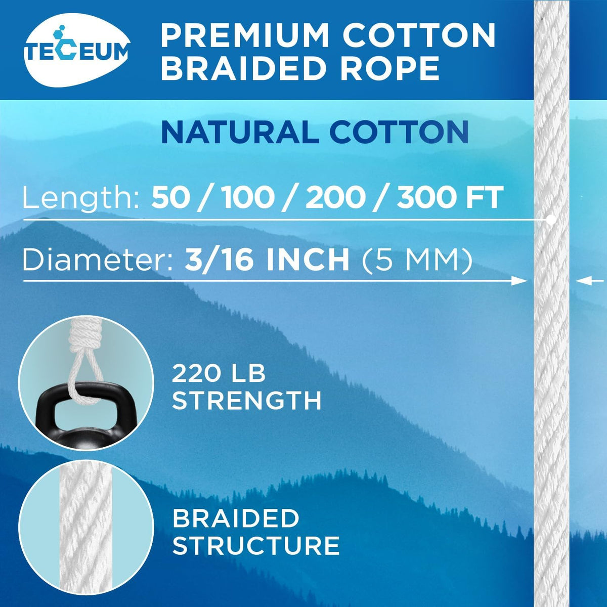 TECEUM Cotton Rope 3/16” (5 mm) – 100 FT – Strong All-Purpose Braided Rope – Natural Cotton – for Crafting, Сamping, Clothes Line, DIY, Indoor & Outdoor Use – White