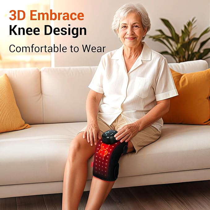 Comfytemp 3D Red Light Therapy Knee Wrap with Vibration Massage, Cordless 5000mAh Heated Knee Massager for Pain Relief, Gifts for Women Men, 660nm&850nm Near Infrared Light Brace for Knee Joint