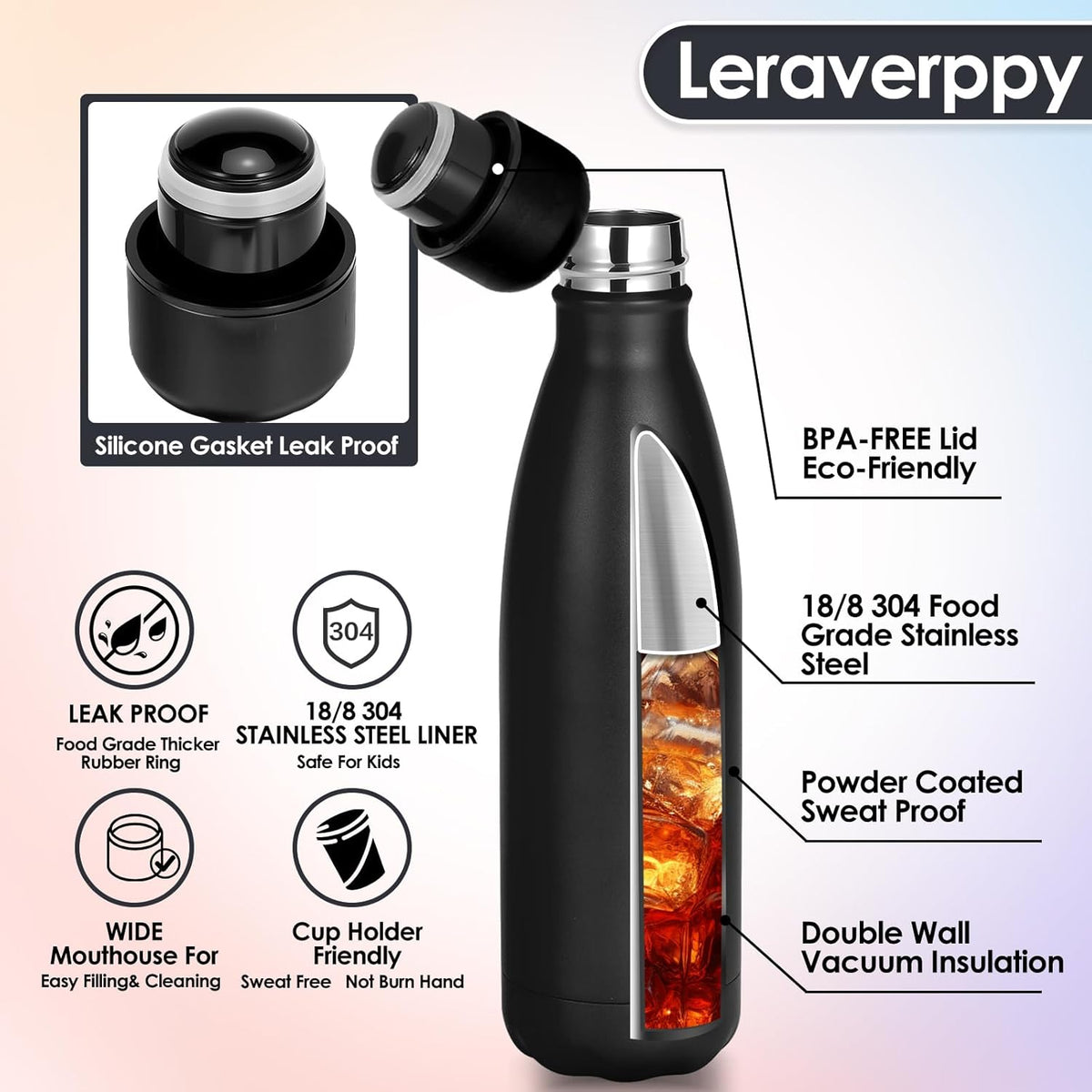 25oz Cola-Bottle Shaped Stainless Steel Leak-proof Water Bottle,Double Wall Vacuum Insulated Metal,Travel Mug For Sports Indoors & Outdoors,BPA-Free School Kids Flasks,Black(2 Pack）
