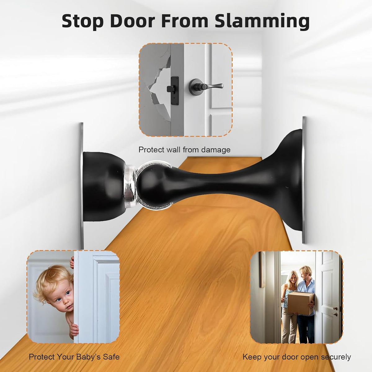 Probrico Black Magnetic Door Stoppers for Bottom of Door, Stainless Steel Magnet Door Catch Door Stops to Keep Door Open, Heavy Duty Door Holder, Wall and Floor Mounting, 4 Pack