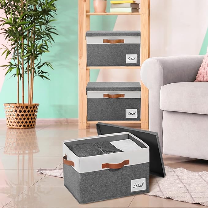 GhvyenntteS Extra Large Storage Bins with Lids, Foldable Fabric Storage Boxes with Lids and Handles, Storage Baskets with Lid and Label for Home Office (3 Pack, Grey, 15.75" x 11.8" x 10.2")