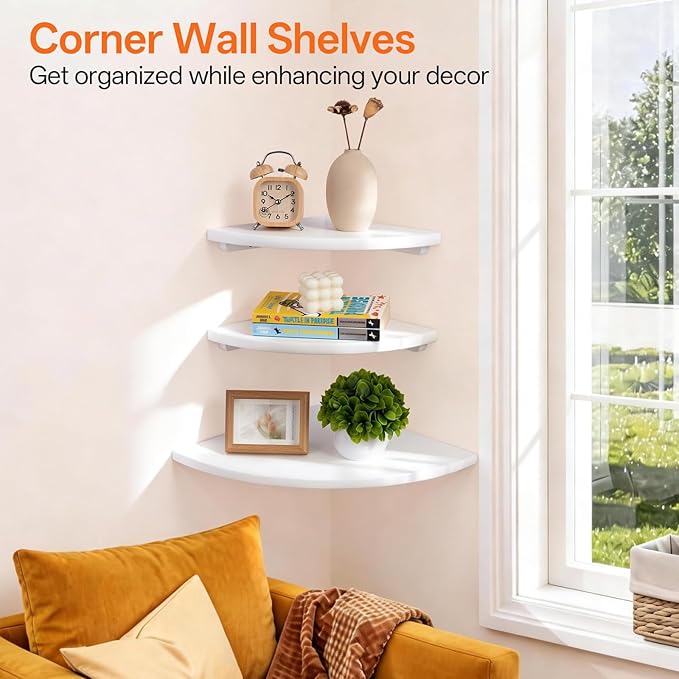 Gieanoo Floating Corner Shelves Set 2 12inch White Solid Oak Rounded Corner