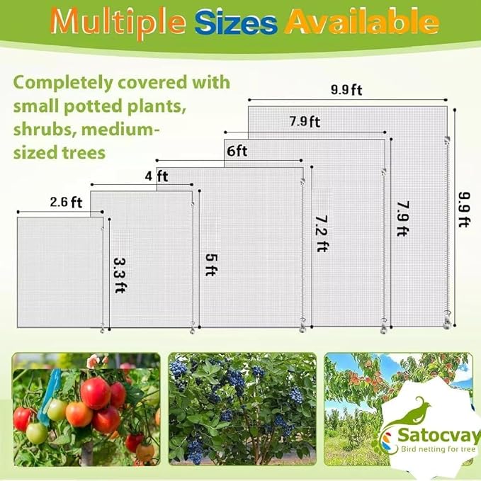 Fruit Tree Netting with Drawstring & Zipper - 4 Pack 10×10 FT - Reusable Plant Protection Bag, Heavy Duty PE Mesh Cover for Blueberry Bushes - Blocks Birds/Deer/Squirrels