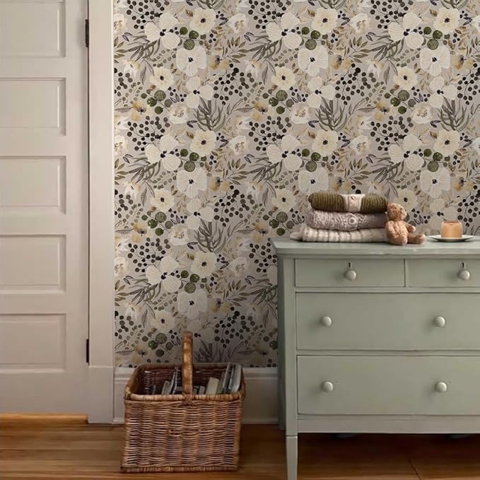 18"x236" Boho Cream/Brown Daisy Flower Peel and Stick Self Adhesive Wallpaper