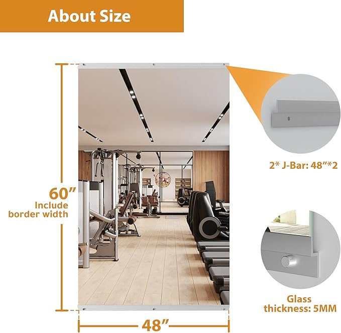 ROOMTEC Workout Mirrors for Home Gym 60"x48", Large Wall Mirror Full Length for Fitness, Yoga, Big Wall Mounted Frameless Glass Mirror for Garage, Dance Studio, Bedroom