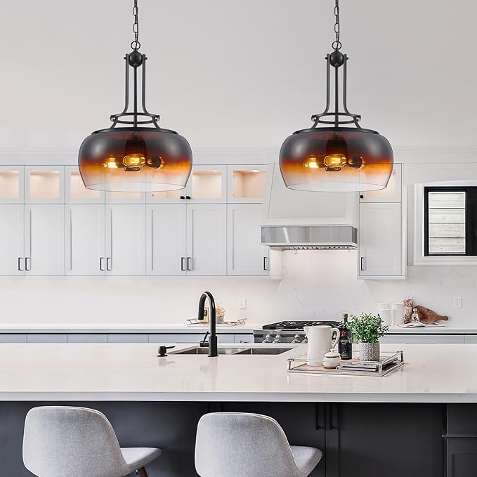 WUZUPS Chandelier Rustic Farmhouse Industrial Round Ceiling Pendant LED Light Fixture with Amber Gradient Black Glass Shade for Dining Room Kitchen Island Foyer Entryway, H 20.9" W 15.9", E26 Base