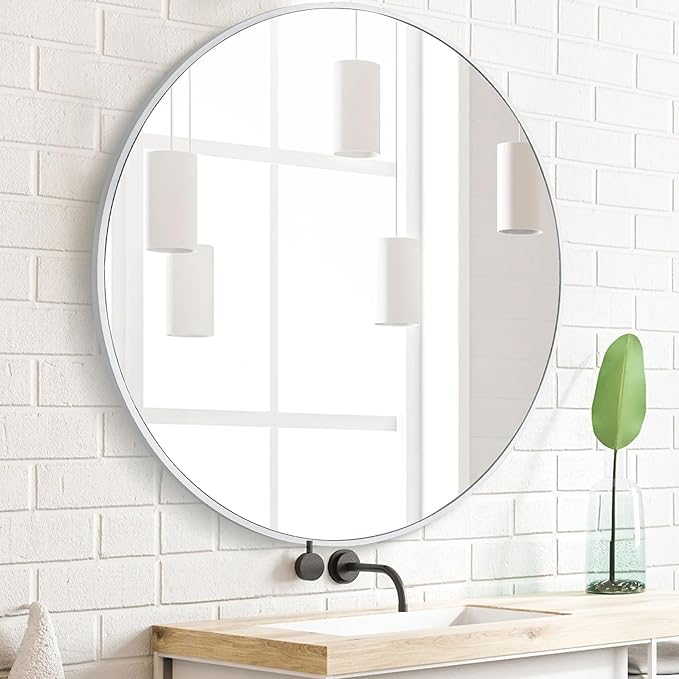 White Round 36 Inch Mirror,Circle Bathroom Vanity Mirror for Wall,Hanging Modern Tempered Glass Mirror for Entryway or Living Room