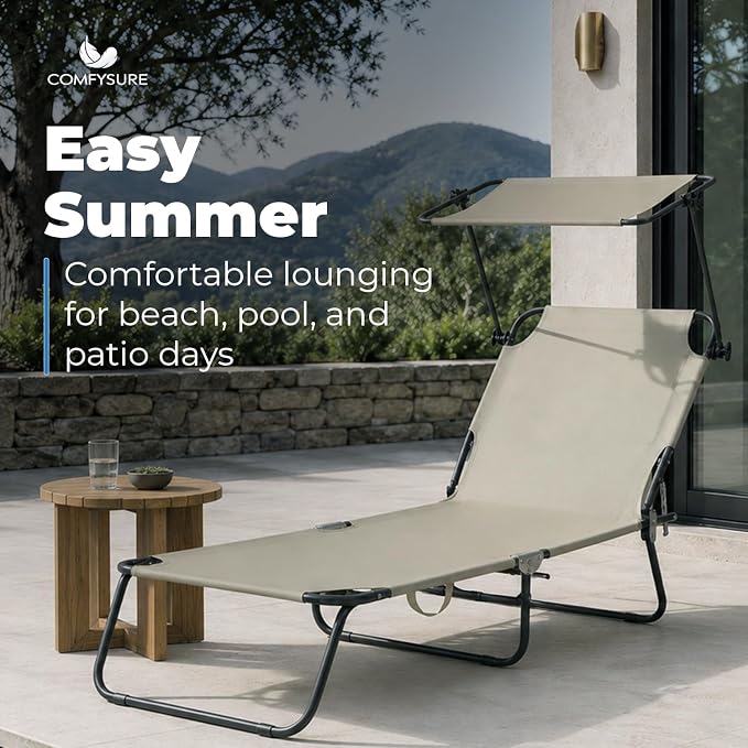 Folding Outdoor Lounge Chair with Canopy - Portable & Adjustable Beach Lounge Chair - 5-Positions, Carry Handles, 600D Fabric, 220 lbs Capacity – Tanning Chaise Lounge for Beach, Patio (1, Beige)