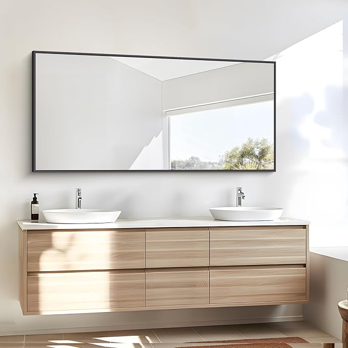 Bathroom Mirror,24x48 inch Wall Mirror for Bathroom Wall Mounted Black Rectangle Square Corner Mirrors, Black Bathroom Mirror for Living Room, Farmhouse, Bedroom Entryway, Horizontal/Vertical