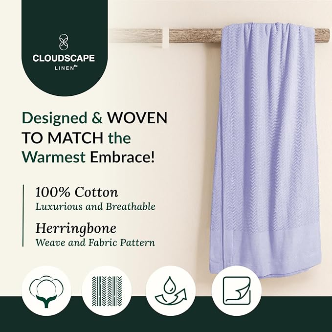 Cloud Scape Linen 100% Cotton Queen Size Blanket, Herringbone Pattern, Lightweight Summer Blanket,Best Gifts for Women, fits Full Size Bed, 92 x 92, Lavender Blue