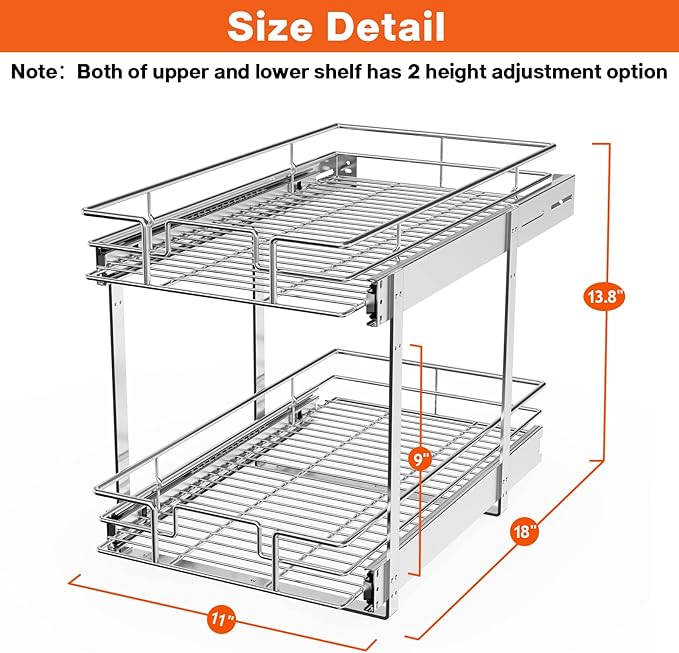 ROOMTEC Individual Pull Out Cabinet Organizer (11" W x 18" D), 2 Tier Spice Rack Organizer for Cabinet, Slide Out Drawer Pantry Shelf Organization and Storage for Kitchen Bathroom