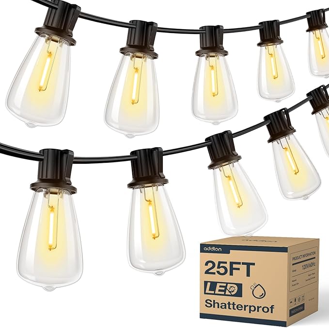 addlon 25FT LED Outdoor String Lights Waterproof Patio Lights with 9 Shatterproof ST38 Replaceable Bulbs(1 Spare), Dimmable Outside Hanging Light Connectable for Porch, Backyard, 2200K Warm Yellow
